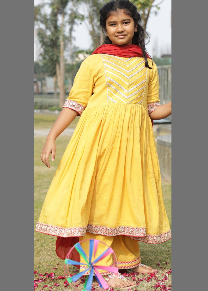 Yellow Mul Cotton Kurta Pant With Red Dupatta Set