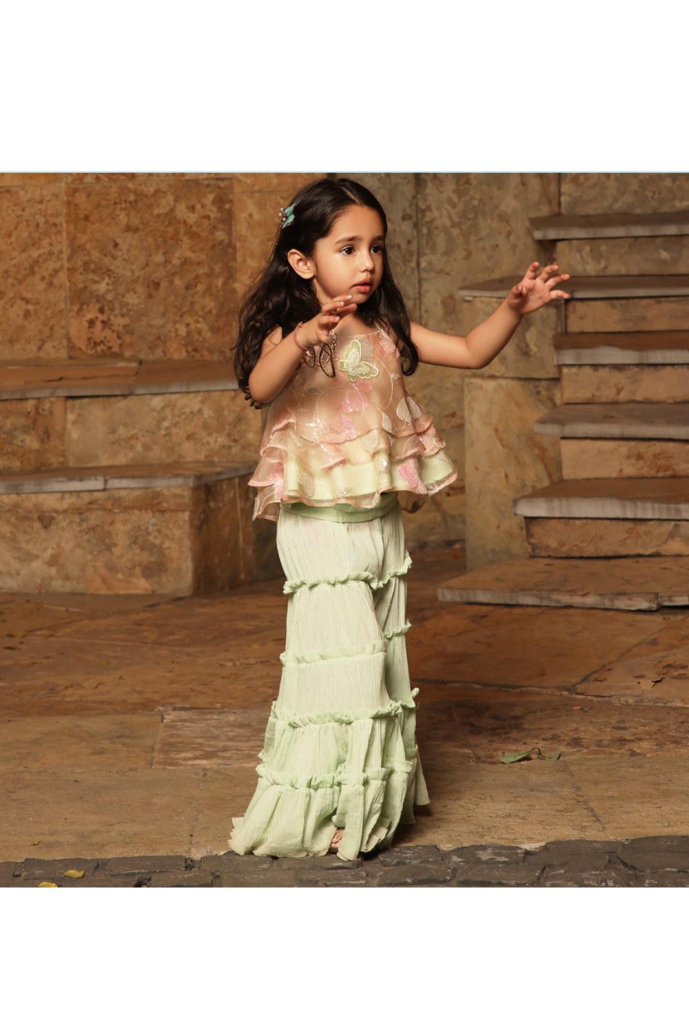 Peach Butterfly Embroidered Ruffled Top With Sharara Set