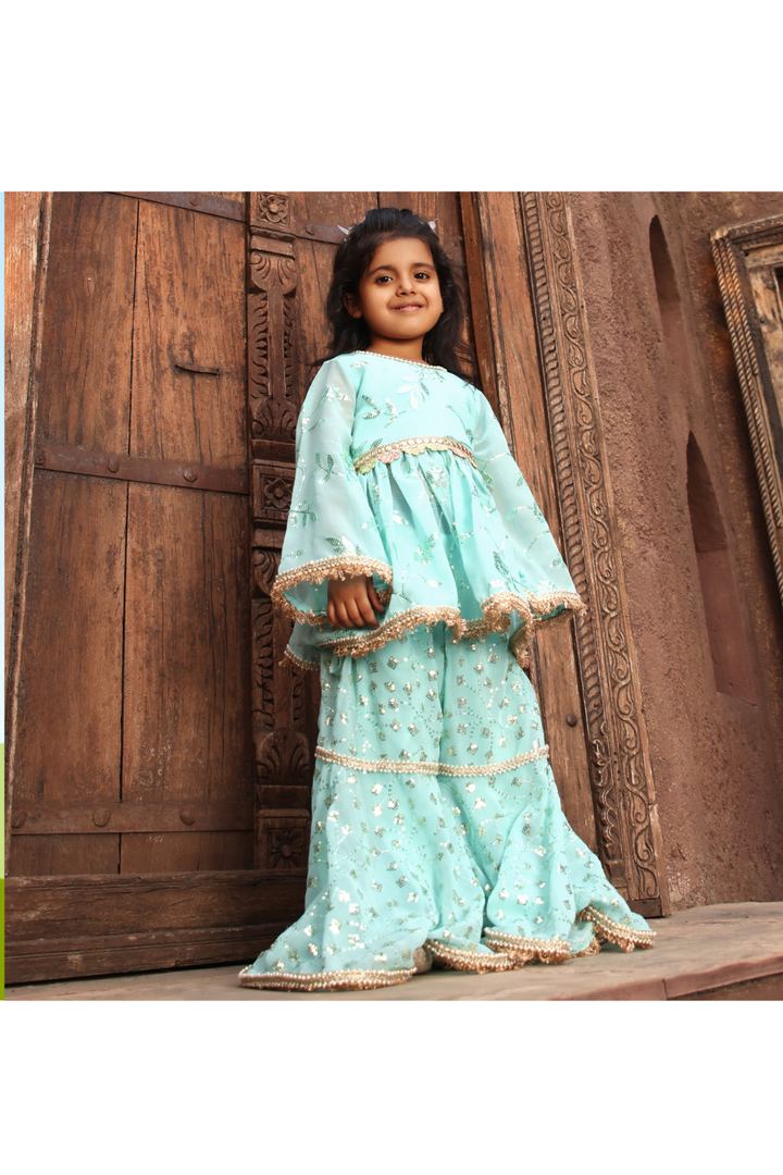 Blue Sequin And Lace Embellished Top With Sharara Set