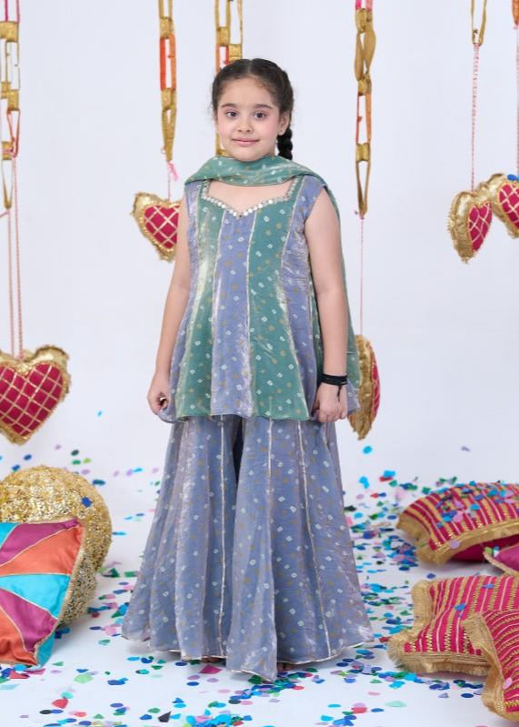 Green And Grey Bandhani Kurta With Sharara Set