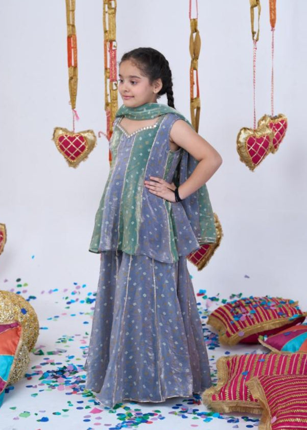 Green And Grey Bandhani Kurta With Sharara Set