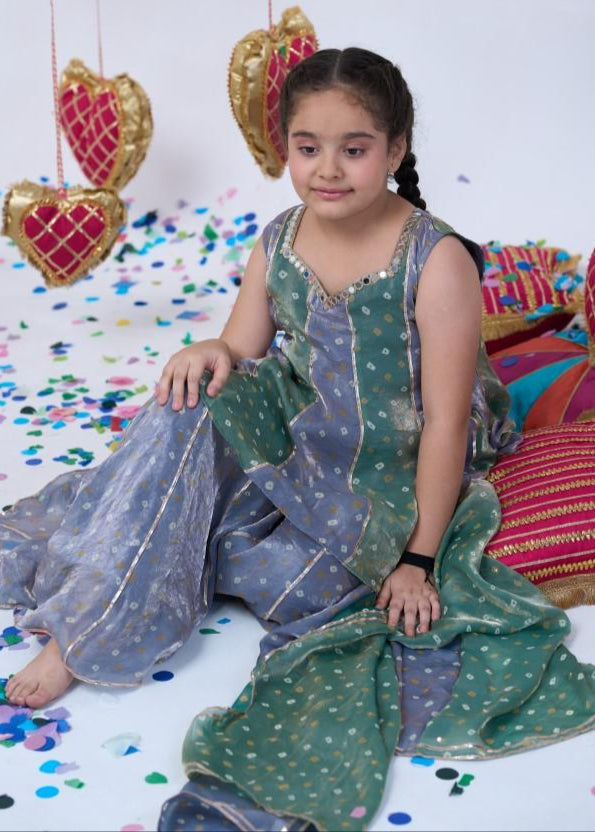 Green And Grey Bandhani Kurta With Sharara Set