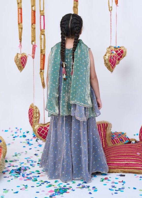 Green And Grey Bandhani Kurta With Sharara Set
