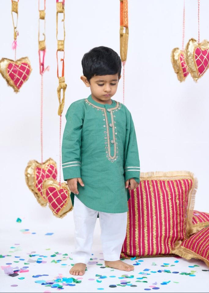 Green Cotton Hand Work Kurta With Pyjama Set