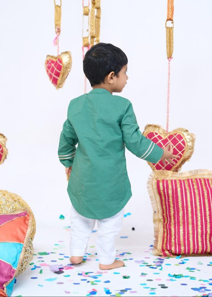 Green Cotton Hand Work Kurta With Pyjama Set