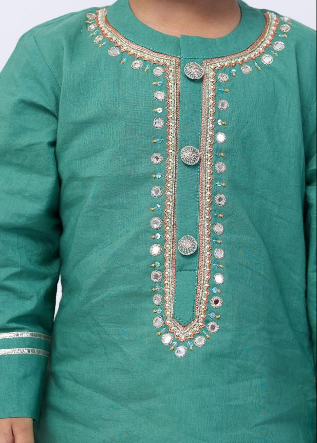 Green Cotton Hand Work Kurta With Pyjama Set