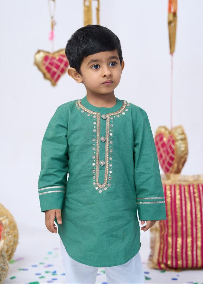 Green Cotton Hand Work Kurta With Pyjama Set