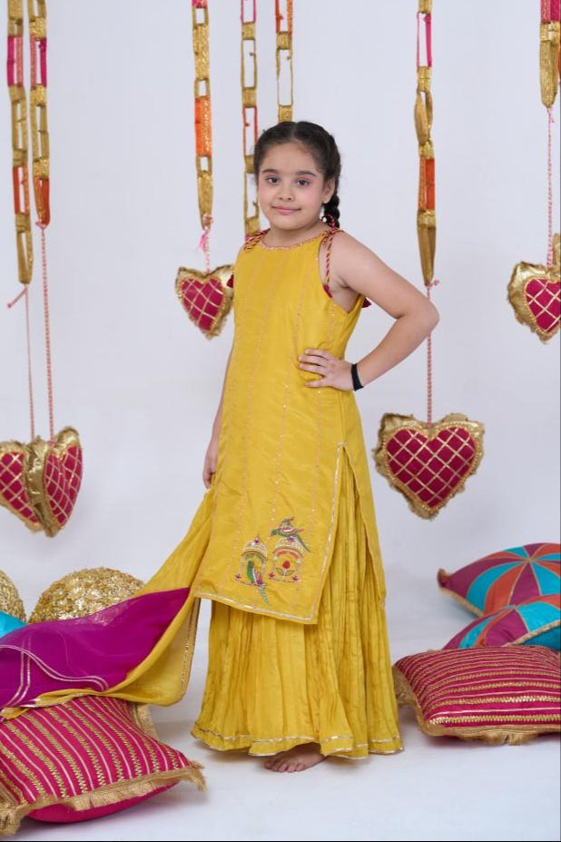 Yellow Parrot Embroidery Kurta With Sharara Set