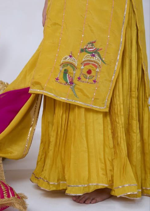 Yellow Parrot Embroidery Kurta With Sharara Set