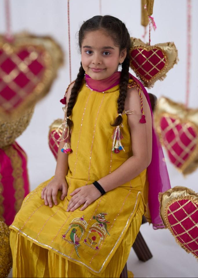 Yellow Parrot Embroidery Kurta With Sharara Set