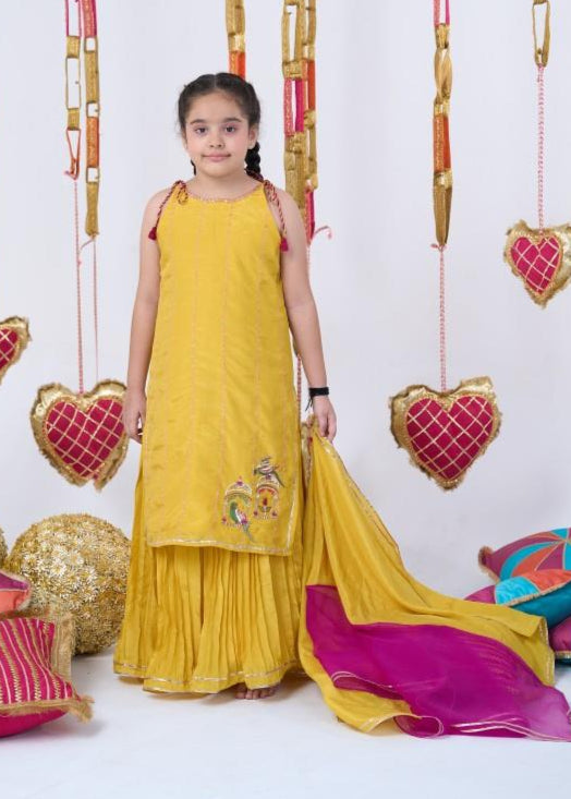 Yellow Parrot Embroidery Kurta With Sharara Set