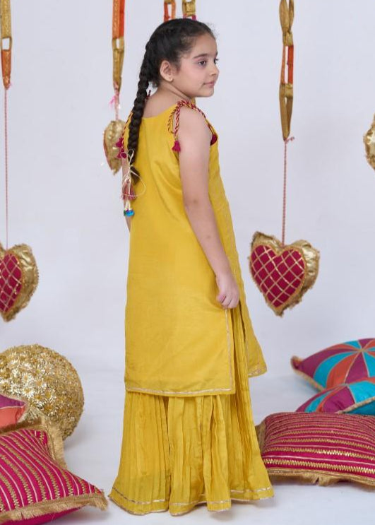 Yellow Parrot Embroidery Kurta With Sharara Set