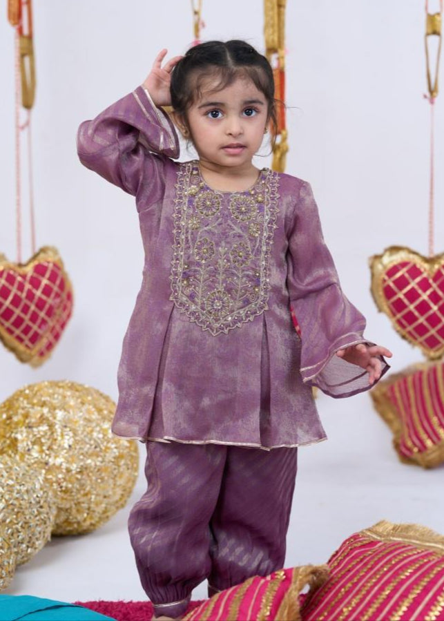 Purple Brocade Handwork Kurta With Balloon Pant Set