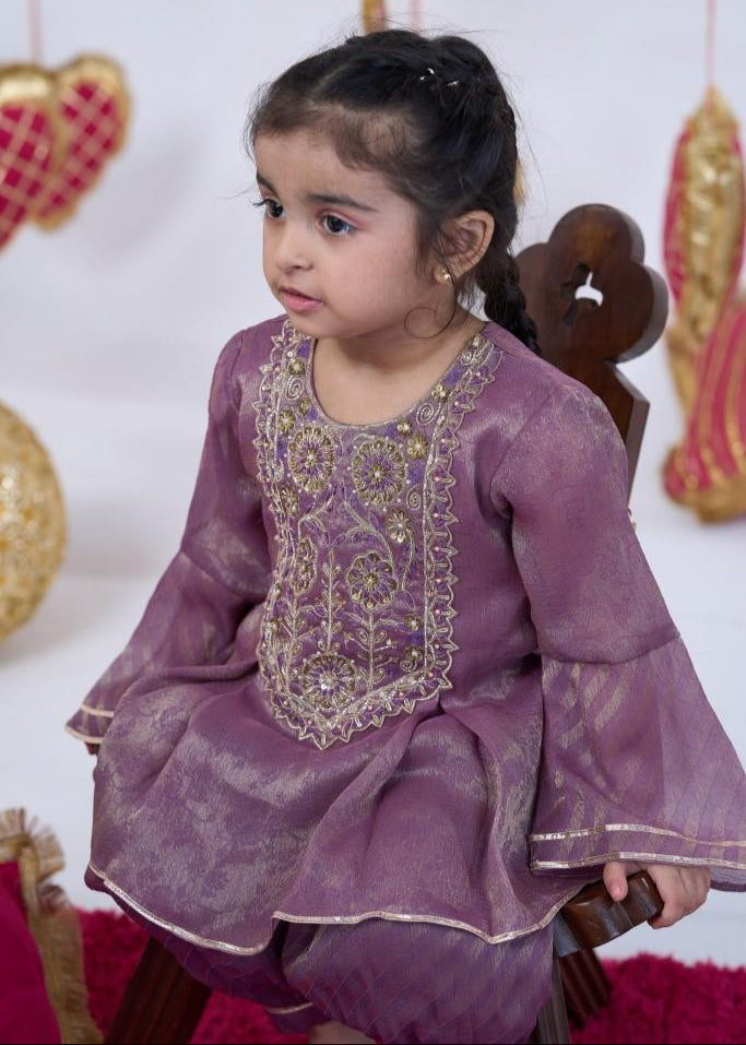 Purple Brocade Handwork Kurta With Balloon Pant Set