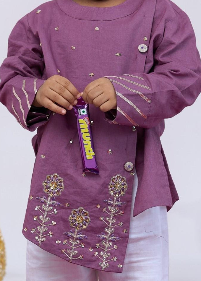 Purple Cotton Hand Work Kurta With Pyjama Set