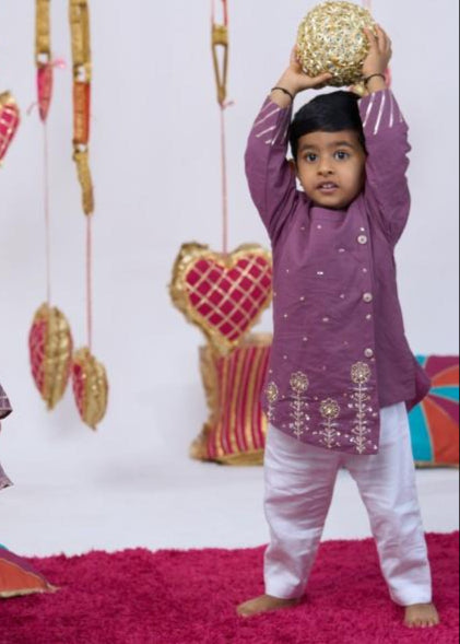 Purple Cotton Hand Work Kurta With Pyjama Set