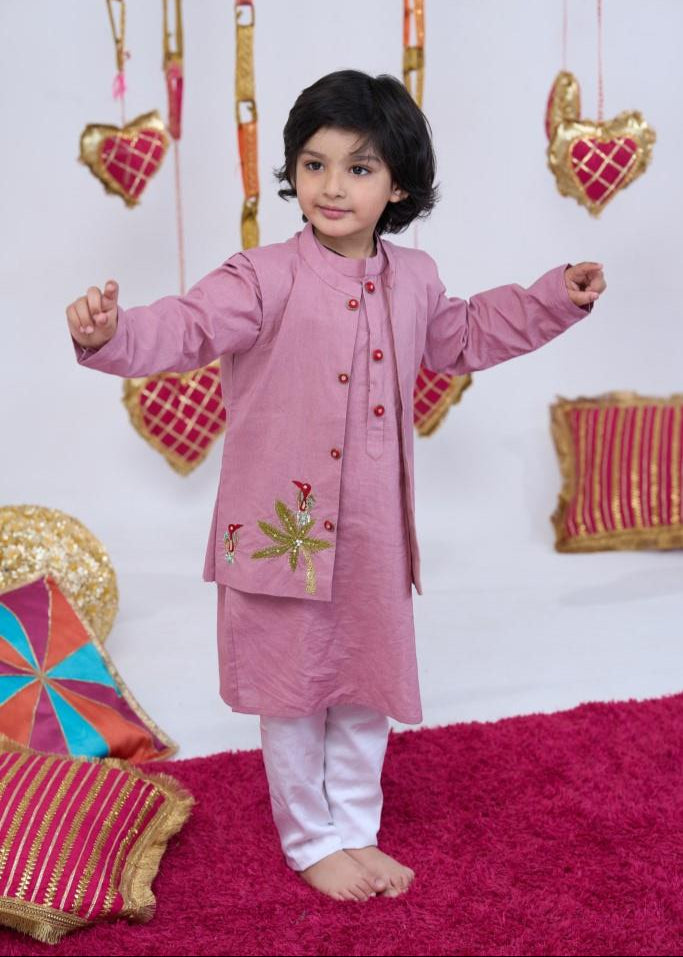 Pink Cotton Hand Embroidered Jungle Motif Bandi Kurta With Pyjama Set
