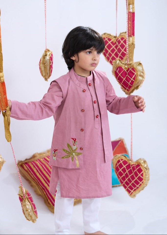 Pink Cotton Hand Embroidered Jungle Motif Bandi Kurta With Pyjama Set