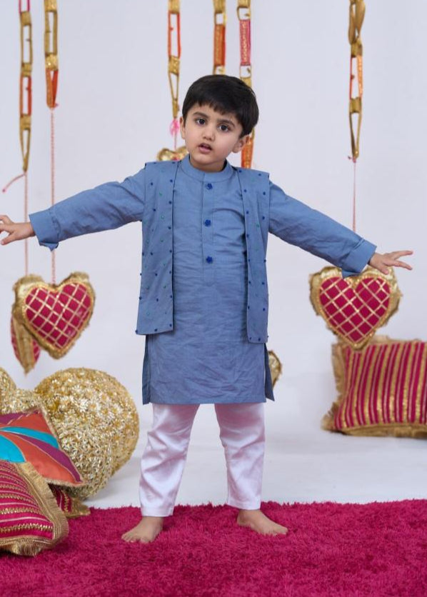 Blue Cotton Handwork Knots Bandi Kurta With Pyjama Set