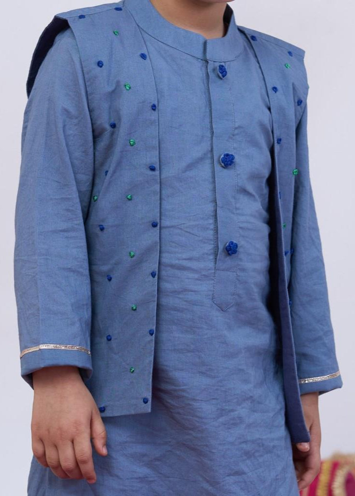 Blue Cotton Handwork Knots Bandi Kurta With Pyjama Set