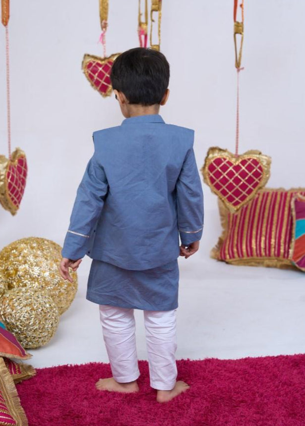 Blue Cotton Handwork Knots Bandi Kurta With Pyjama Set