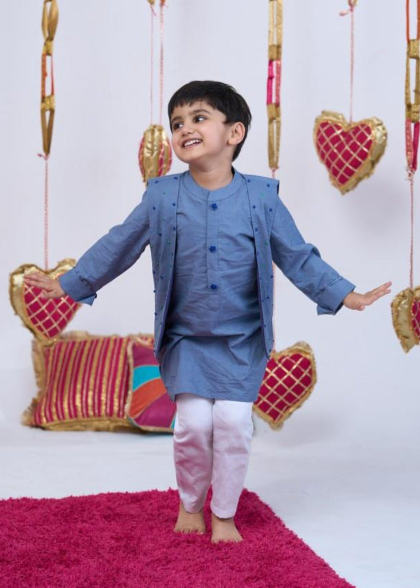 Blue Cotton Handwork Knots Bandi Kurta With Pyjama Set