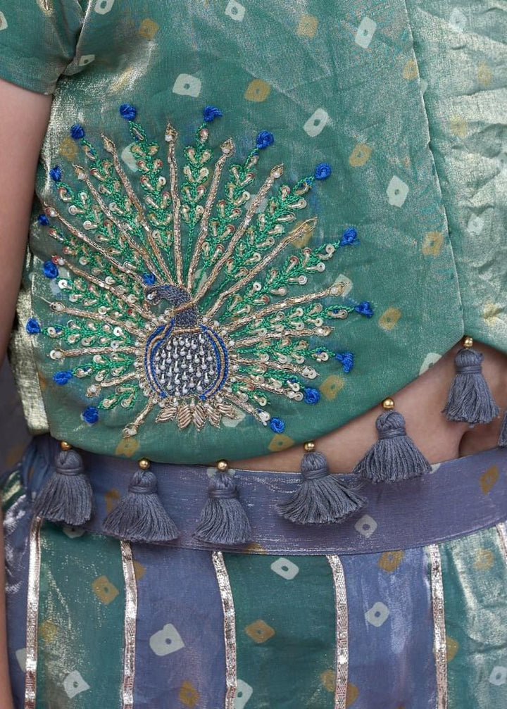 Rust Handwork Peacock Bandhani Top With Lehenga Set