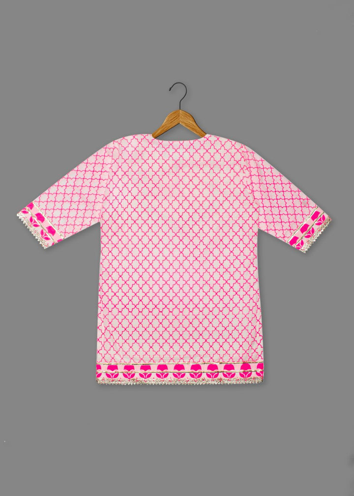 Pink Cotton Printed Kurti Pant With Dupatta Set