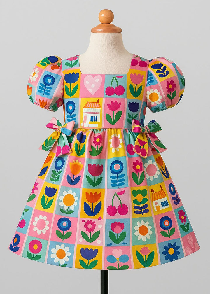 Multicolor Floral Printed Cherry Bow Dress