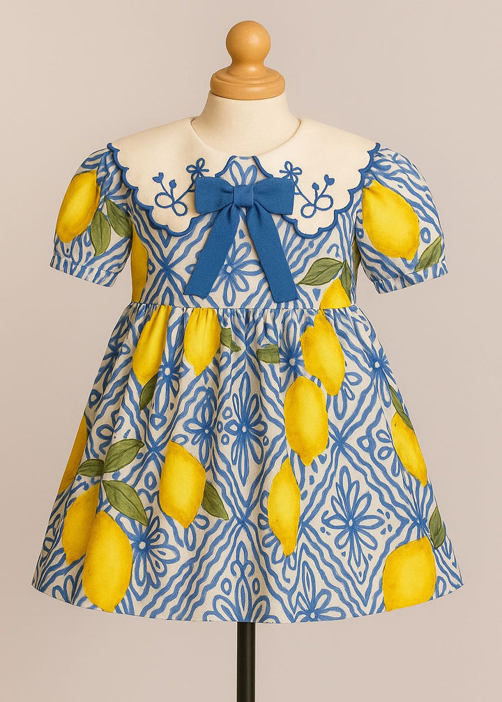 Lemon Tie Printed Cotton Scalloped Collar Frock