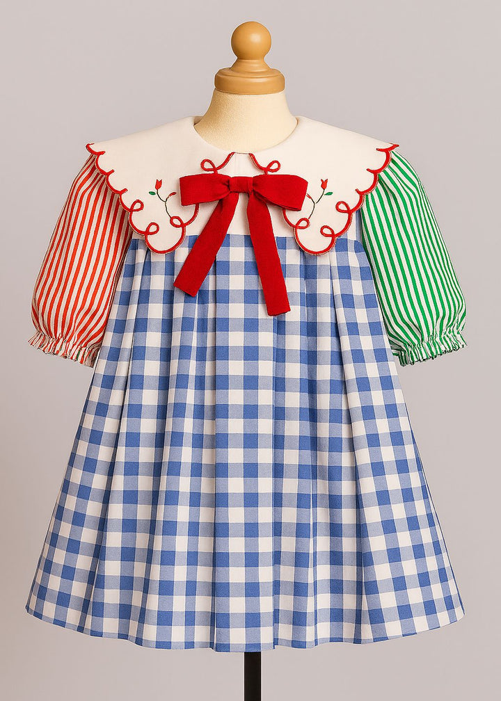 Multicolor Cotton Striped Scalloped Collar Dress