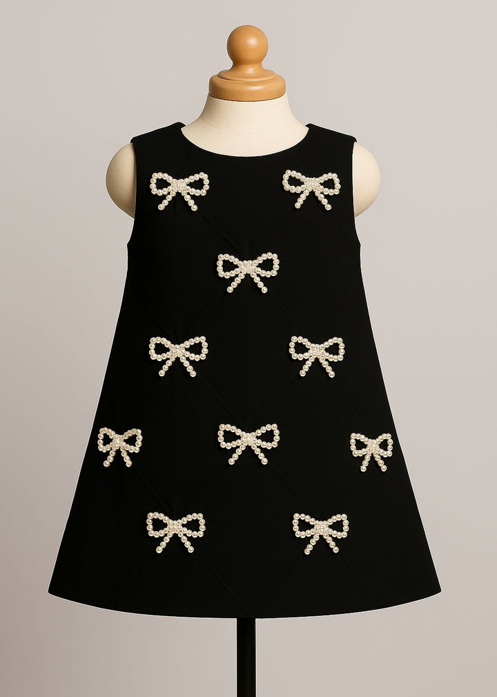 Black With Golden Pearl Bow Sleeveless Dress