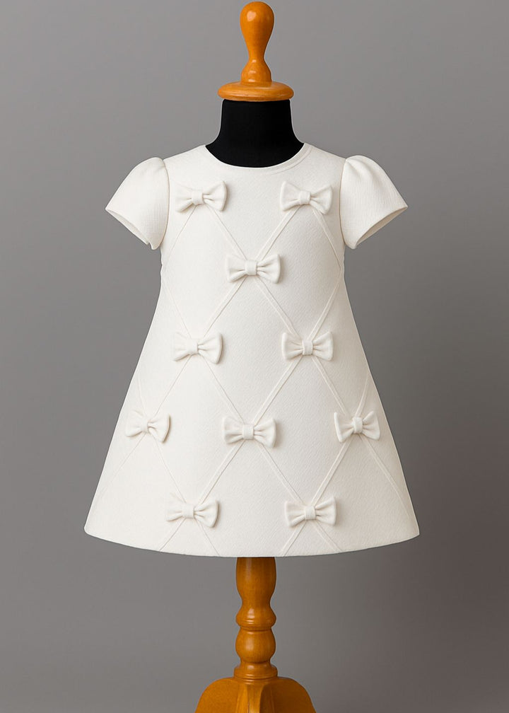 White Scuba A-line Fabric Bow Dress
