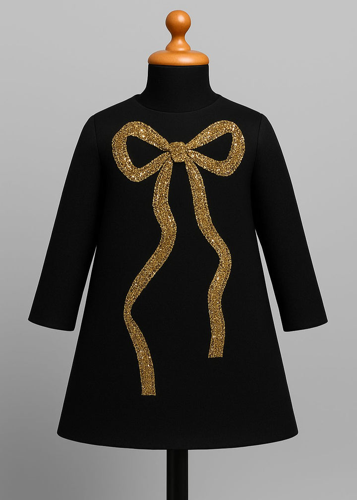 Black Scuba With Glitter Bow A-line Dress