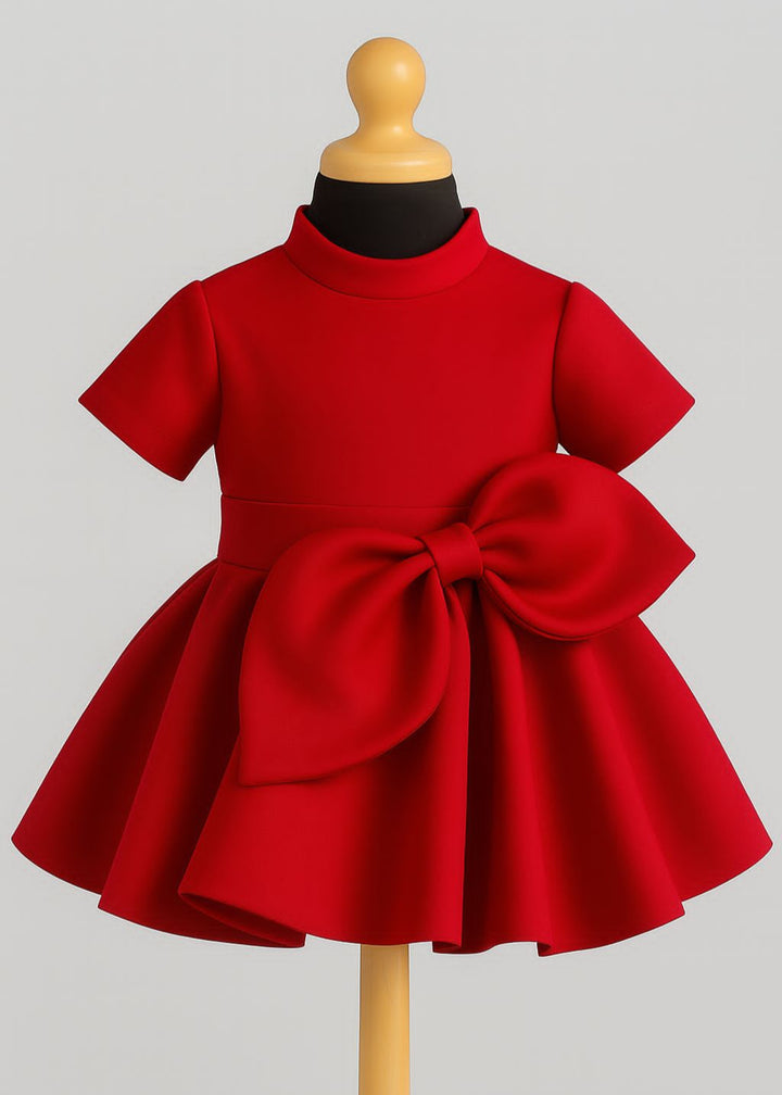 Red Scuba Bow Flared Dress