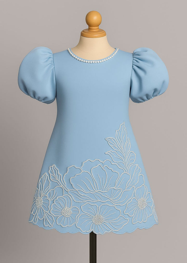 Sky Blue Bloom Puff Sleeve Dress