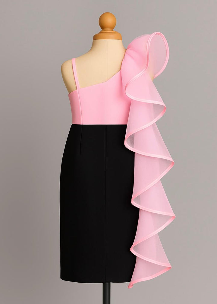 Pink and Black Ruffle Shoulder Dress