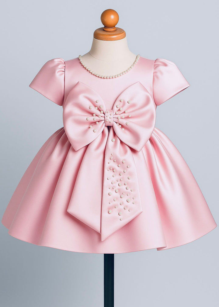 Pink Satin Princess Pearl Bow Dress