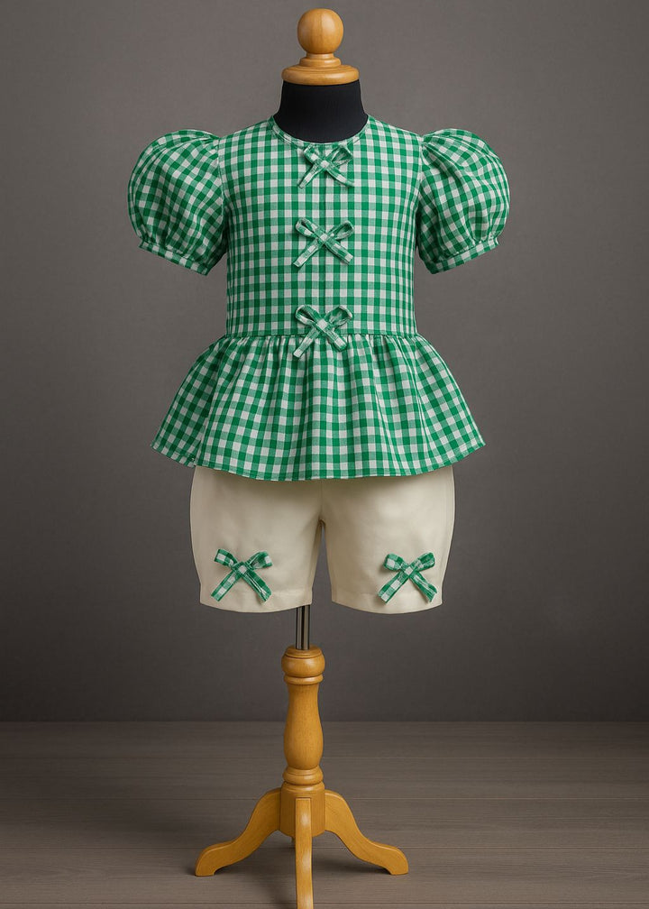 Green Printed Pure Cotton Gingham Bow Set