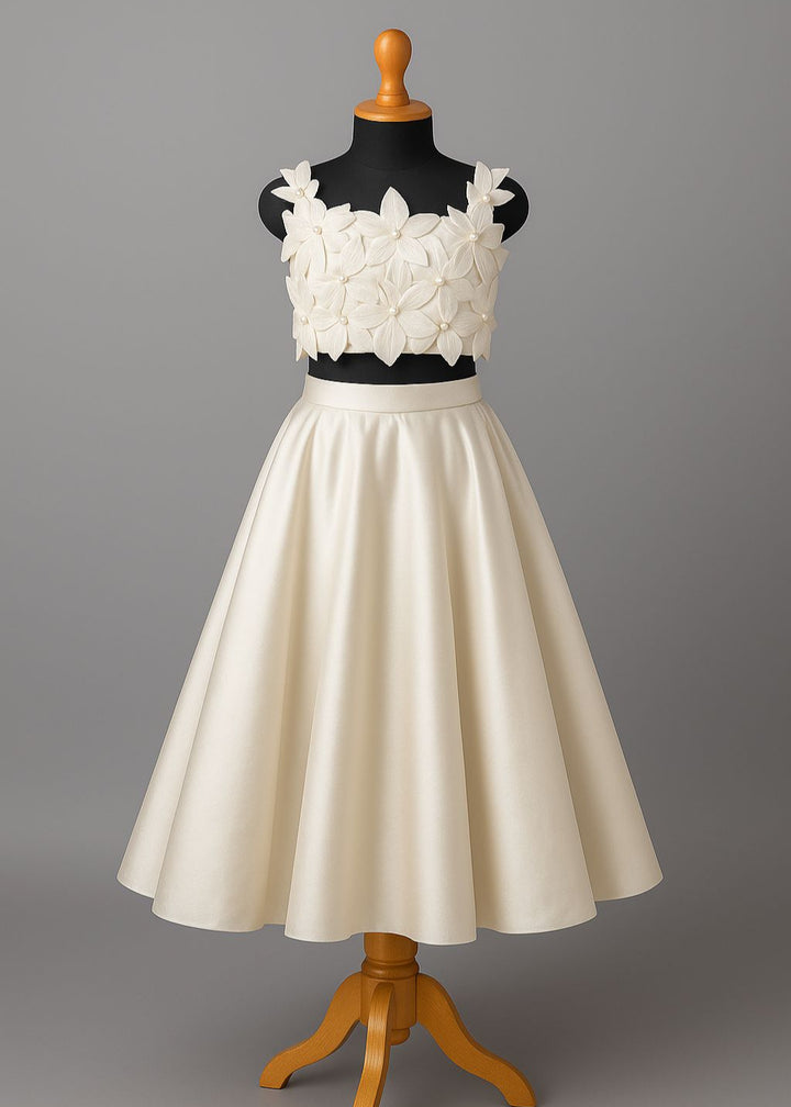 Ivory Heavy Satin Blossom Top With Skirt Set