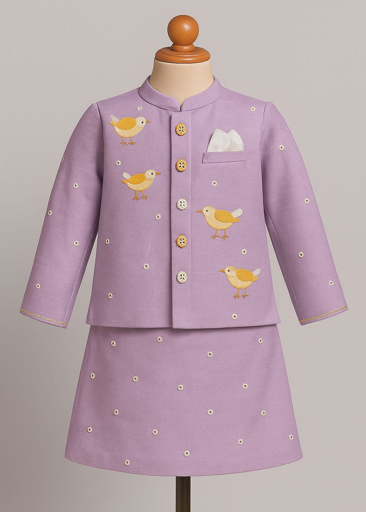 Lavender Cute Duck Embroidery Kurta with Nehru Jacket