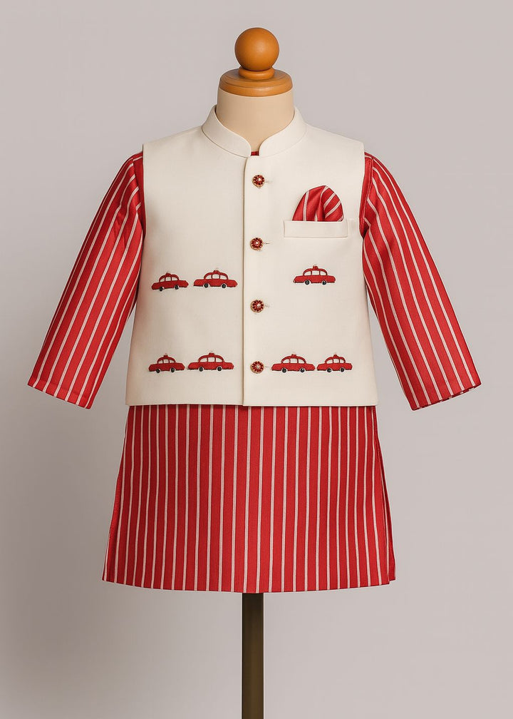 Red And White Stripes Printed Kurta with Nehru Jacket