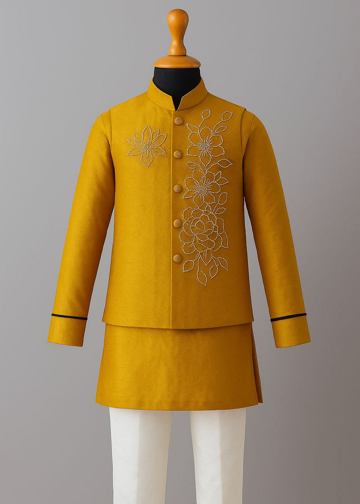 Mustard Jacquard Embroidery Bundi And Kurta Set