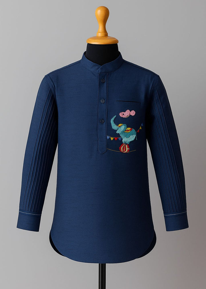 Navy Blue Elephant Embroidery Short Kurta