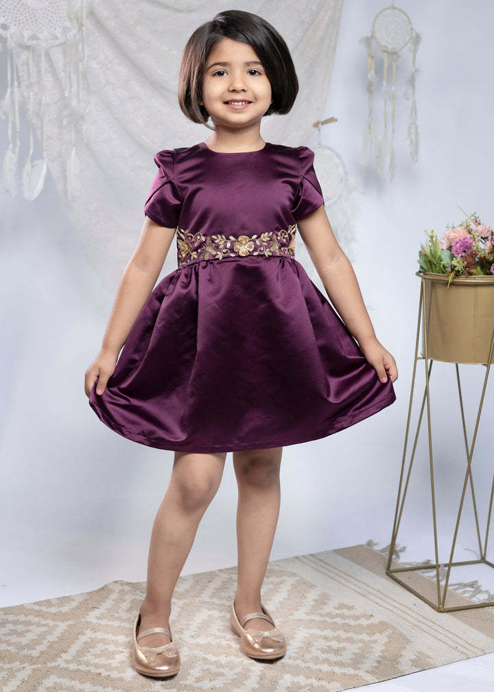 Wine Premium Satin With Golden Detailing On Bodice Belt Dress