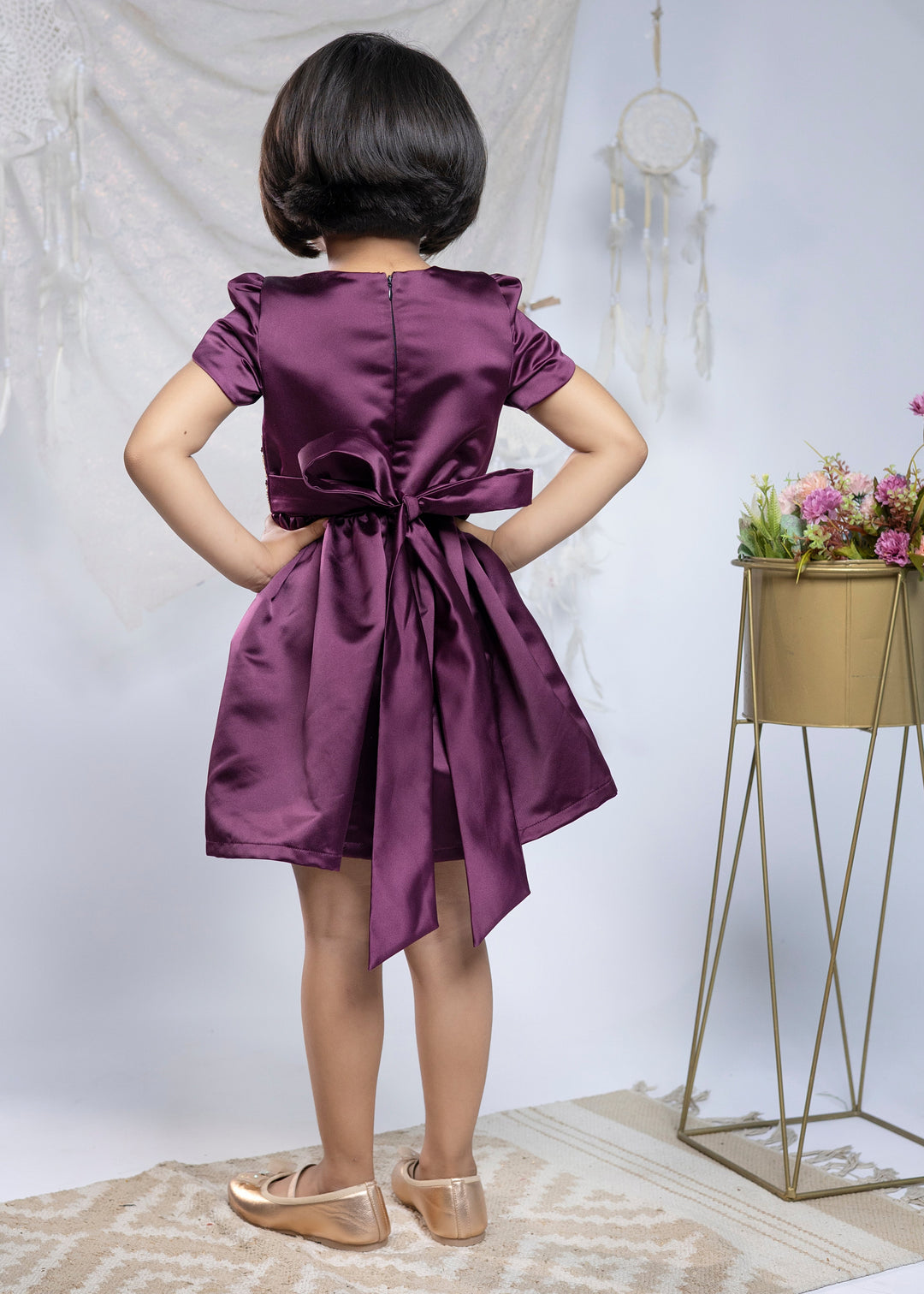 Wine Premium Satin With Golden Detailing On Bodice Belt Dress