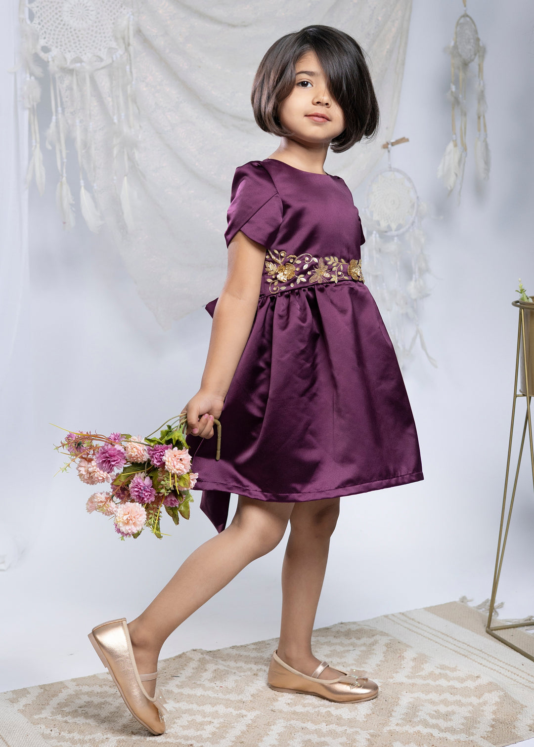 Wine Premium Satin With Golden Detailing On Bodice Belt Dress