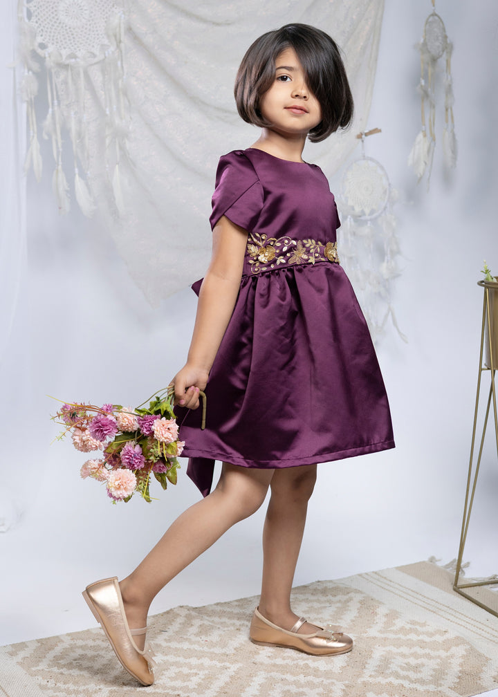 Wine Premium Satin With Golden Detailing On Bodice Belt Dress