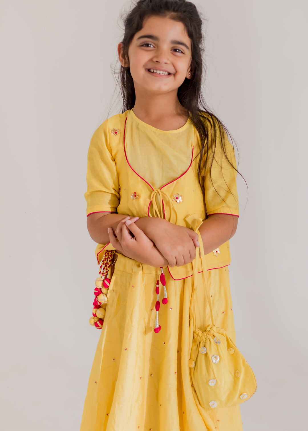 Yellow Sitara Hand Embroidered Star Gota Top With Lehenga Set