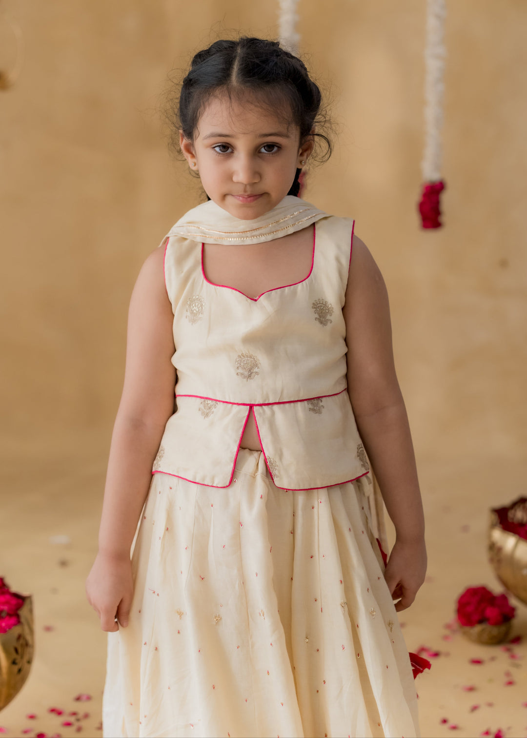 Off White Gulnoor Zari Embroidery Gota Detailing Top With Lehenga Set